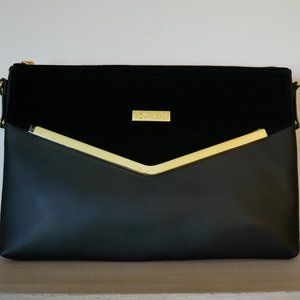 JOY & IMAN Black Leather Clutch/Crossbody Bag with Velvety Flap (NEW)